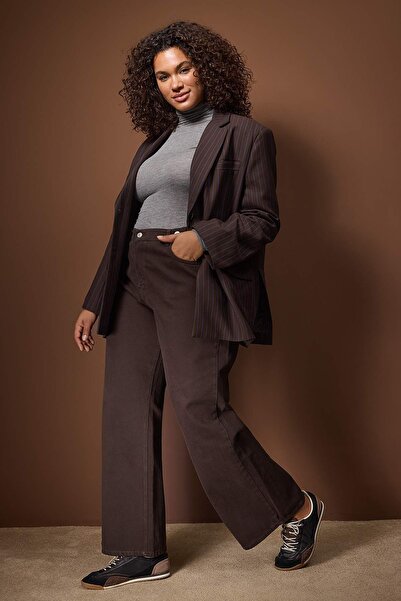 Trendyol Curve Brown Elastic Waist and Adjustable Wide Leg Wide Leg Plus Size Pants Tbbaw26Ar00018