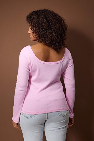 Trendyol Curve Pink U-Neck Knitted Plus Size Blouse Tbbaw26Af00112