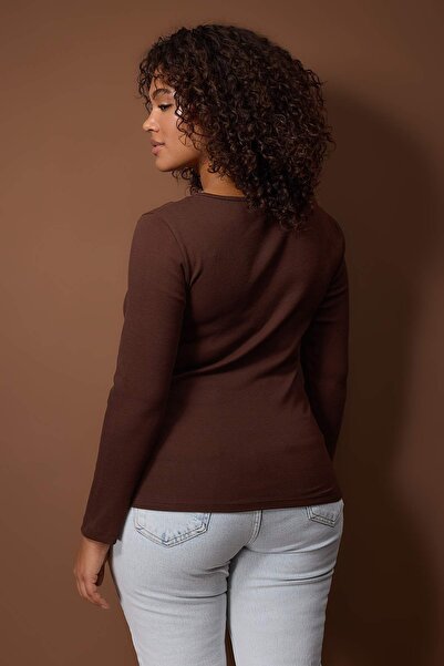 Trendyol Curve Σκούρο καφέ πλέξη ριμπ Πλεκτή μπλούζα μεγάλου μεγέθους