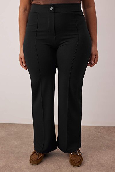 Trendyol Curve Black Rib Detailed Straight Fit Knitted Plus Size Pants Tbbaw26Ar00029