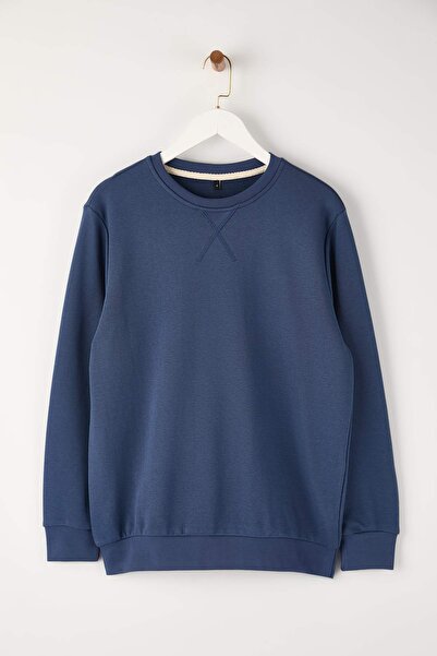 Trendyol Collection Indigo Relaxed Fit 100% Cotton Basic Crew Neck Sweatshirt Tmnaw26Sw00060