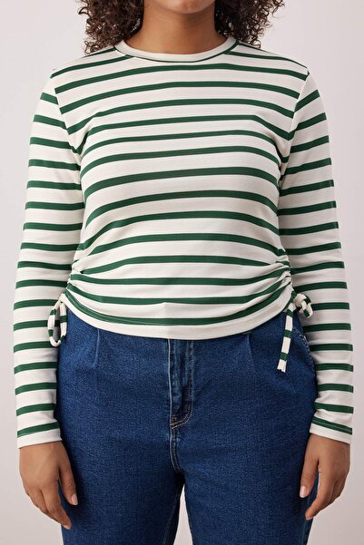 Trendyol Curve Green Crew Neck Striped Drawstring Detailed Crop Length Knitted Plus Size Blouse Tbbaw26Af00110