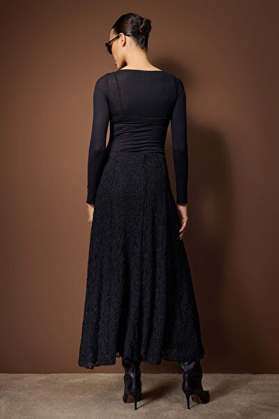 Trendyol Modest Black Lined Lace Fabric Knitted Skirt Tctaw26Ee00017