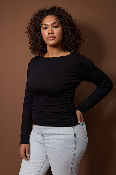Trendyol Curve Black Straight Fitted/Bodycon Ruched Detail Stretch Knitted Blouse Tbbaw26Af00121