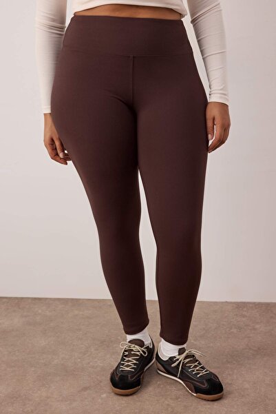 Trendyol Curve Brown Soft Brushed Fabric Reflector Print Detailed Full Length Knitted Sports Leggings Tbbaw26Bv00007