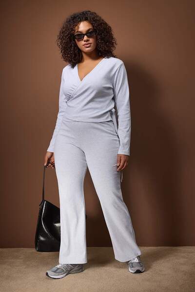 Trendyol Curve Gray Double-Breasted Closed-Fitting Long-Sleeved Flexible Knitted Top-And-Bottom Set