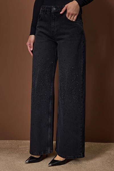 Trendyol Collection Black Stone Detailed High Waist Wide Leg Jeans Twoaw26Je00284