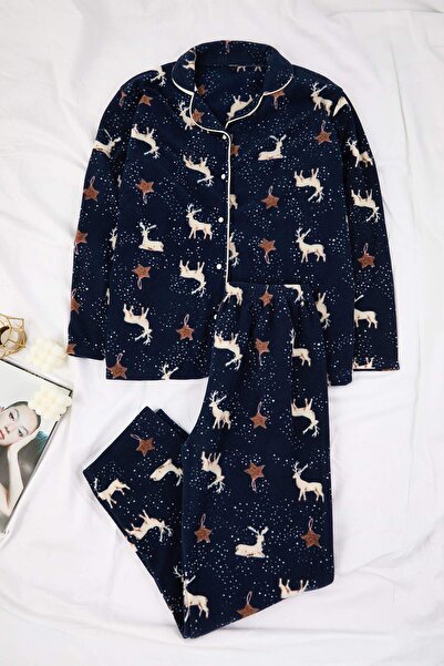Trendyol Curve Navy Blue Christmas Themed Deer Pattern Shirt Collar Fleece Pajama Set Tbbaw26Ai00054