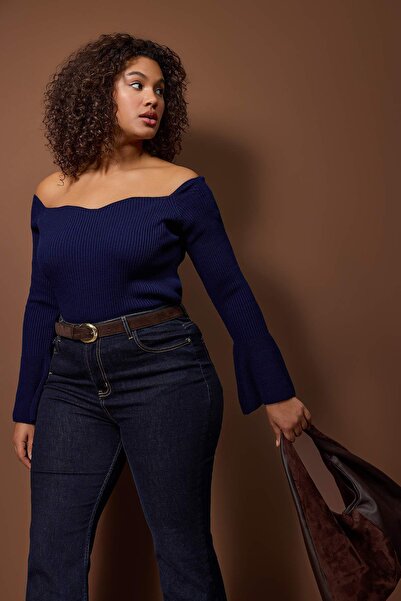 Trendyol Curve Navy Blue Corded Fabric Carmen Collar Knitwear Sweater Tbbaw26An00031