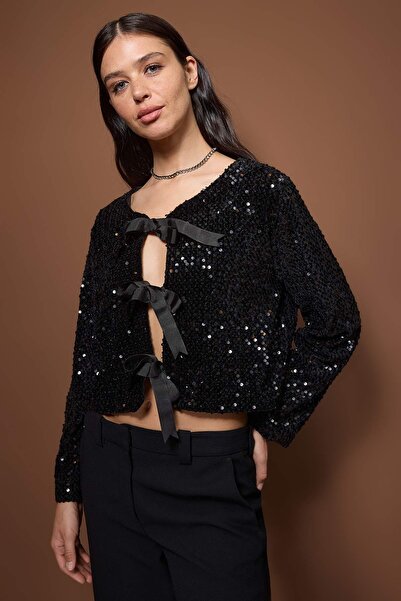 Trendyol Collection Black Sequin Front Tie-Up Jacket Tpraw26Ce00001