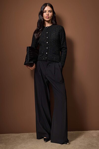 Trendyol Collection Black Sequin Embroidered Hair Knitwear Cardigan Twoaw26Hi00303
