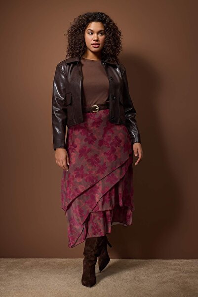 Trendyol Curve Fusta Marime Plus tricotată Burgundy