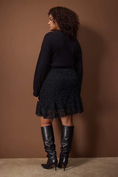 Trendyol Curve Black Skirt Flying Ruffle Knitted Lace Plus Size Skirt Tbbaw26Az00047
