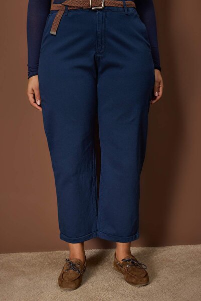 Trendyol Curve Navy Blue High Waist Belted Mom Fit Denim Plus Size Jeans Tbbaw26Cj00026