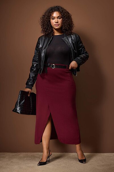 Trendyol Curve Plum Belt and Slit Detailed Maxi Woven Plus Size Skirt Tbbaw26Az00007