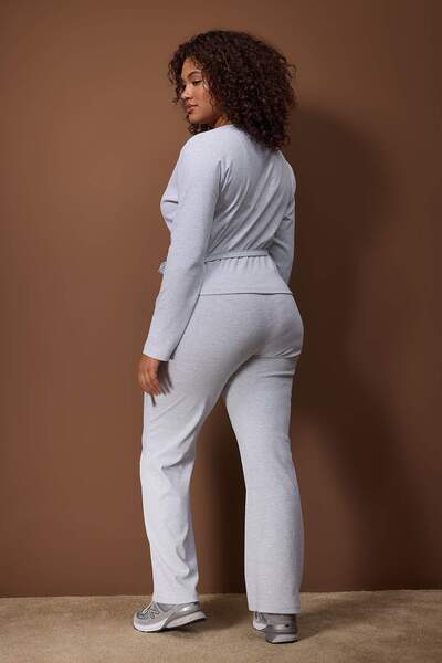 Trendyol Curve Gray Double-Breasted Closed-Fitting Long-Sleeved Flexible Knitted Top-And-Bottom Set