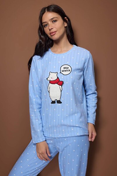 Trendyol Collection Blue Polka Dot Pattern Patchli Fleece Knitted Pajama Set Thmaw26Pt00193