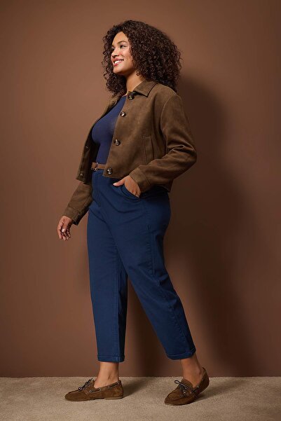 Trendyol Curve Navy Blue High Waist Belted Mom Fit Denim Plus Size Jeans Tbbaw26Cj00026