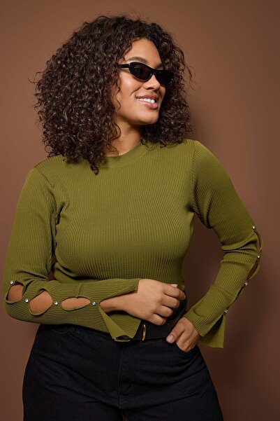 Trendyol Curve Λαδί πράσινο που αγκαλιάζει το σώμα λεπτό πλεκτό μπλουζάκι TBBAW24AF00021