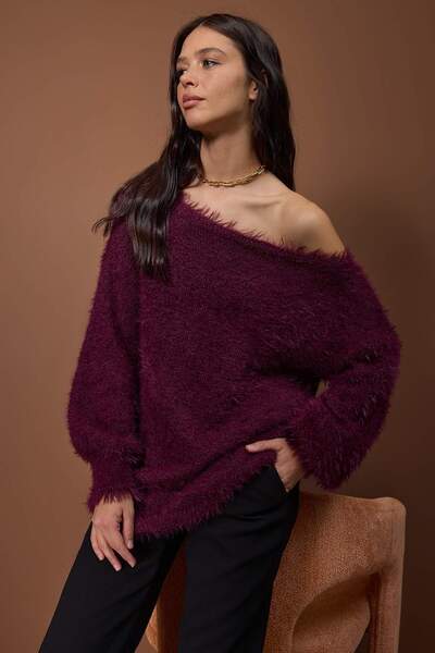 Trendyol Collection Pulover tricotat cu guler răsturnat, cu pene de prune, TWOAW25KZ00169