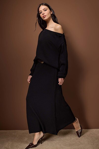 Trendyol Collection Black Boat Neck Skirted Knitwear Bottom - Top Set Twoaw26Au00152