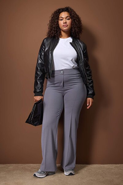 Trendyol Curve Gray Rib Detailed Straight Fit Knitted Plus Size Pants Tbbaw26Ar00029