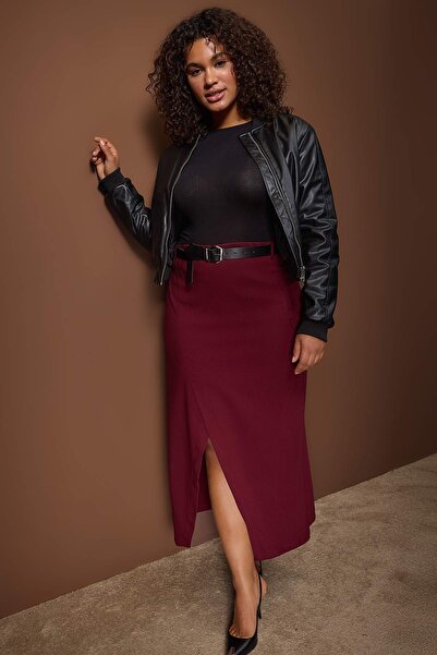 Trendyol Curve Plum Belt and Slit Detailed Maxi Woven Plus Size Skirt Tbbaw26Az00007