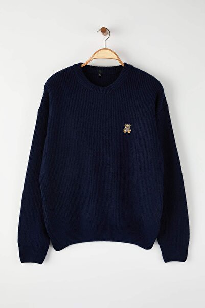 Trendyol Collection Синій Oversize/Широкий крій Велосипедний комір З вишивкою ведмедя Светр TMNAW26KZ0000303