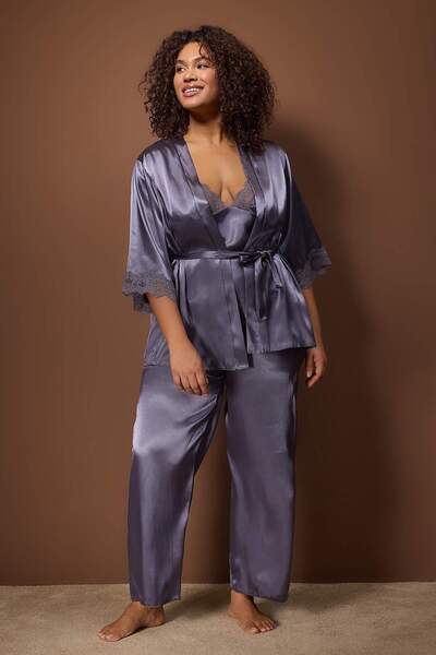 Trendyol Curve Anthracite 3-Piece Dowry Set Lace Detailed Satin Woven Pajama Set