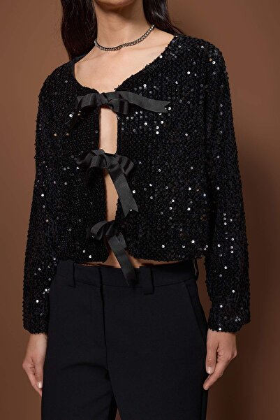 Trendyol Collection Black Sequin Front Tie-Up Jacket Tpraw26Ce00001