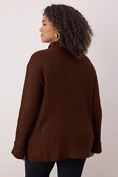 Trendyol Curve Καφέ Μαλακό Πλεκτό Ζακέτα ψηλός λαιμός TBBAW26AV00030
