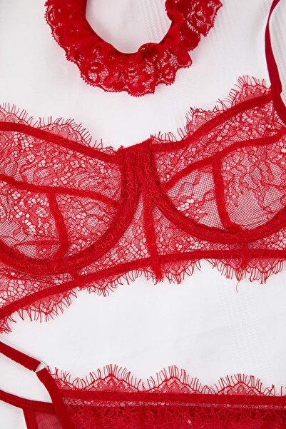 Trendyol Collection Red Lace Openwork Cupless Lingerie Set Thmss24Cc00023