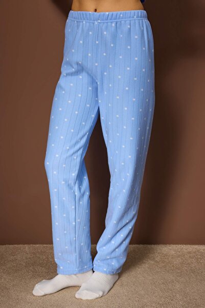 Trendyol Collection Blue Polka Dot Pattern Patchli Fleece Knitted Pajama Set Thmaw26Pt00193