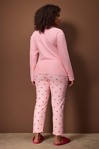 Trendyol Curve Pink Printed Zippered Soft-Keyed Waffle Knitted Pajamas Set Tbbaw26Ai00048