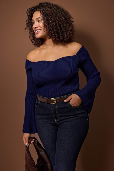 Trendyol Curve Navy Blue Corded Fabric Carmen Collar Knitwear Sweater Tbbaw26An00031