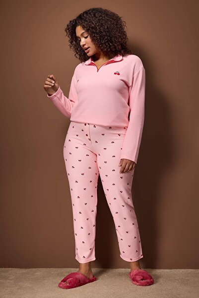 Trendyol Curve Pink Printed Zippered Soft-Keyed Waffle Knitted Pajamas Set Tbbaw26Ai00048