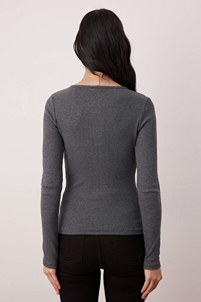 Trendyol Collection Anthracite Snap Fastener Fitted/Fitted Corded Fabric Stretch Knitted Blouse Twoaw25Bz00080