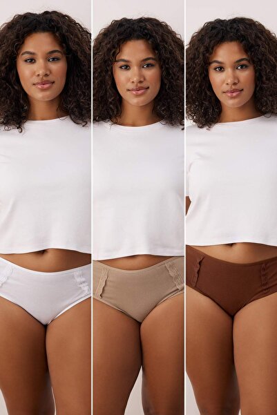 Trendyol Curve Brown-Multicolor 3-Pack Cotton Knitted Stretchy Classic Plus Size Panties Tbbaw25Cm00003