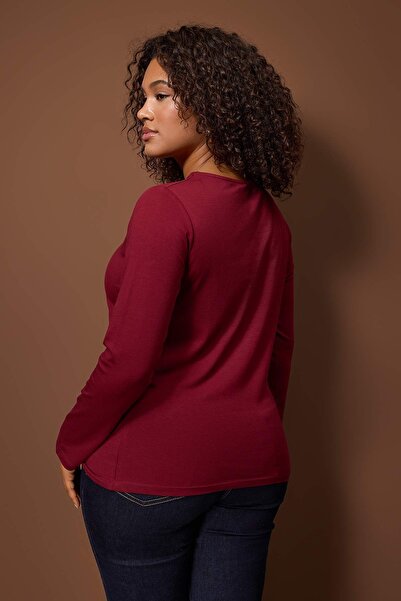 Trendyol Curve Burgundy Cotton Boat Neck Fitted/Fitted Stretch Blouse Tbbaw26Af00027