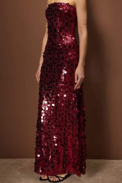 Trendyol Collection Burgundy Glitter Sequin Lined Stylish/New Year's Eve Dress