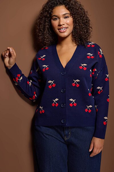 Trendyol Curve Navy Blue Cherry Patterned V-Neck Crop Knitwear Cardigan Tbbaw23Av00028