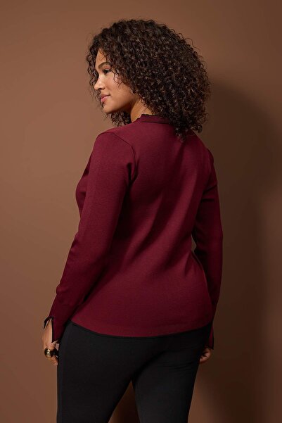 Trendyol Curve Μπορντό Κουμπί Λεπτομερής Ριγέ Πλεκτή Ζακέτα TBBAW24AV00014