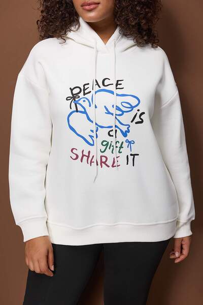 Trendyol Curve Ecru Printed Hooded Oversize/Wide Fit Fleece Lined Plus Size Sweatshirt Tbbaw26Ao00035