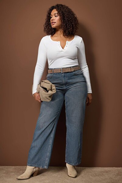 Trendyol Curve Ecru Ribbed Knit Knitted Plus Size Blouse