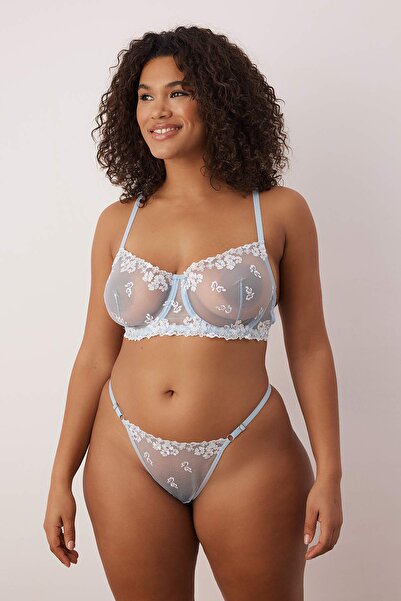 Trendyol Curve Blue Brode Floral Plus Size Underwear Set Tbbaw26Dg00008