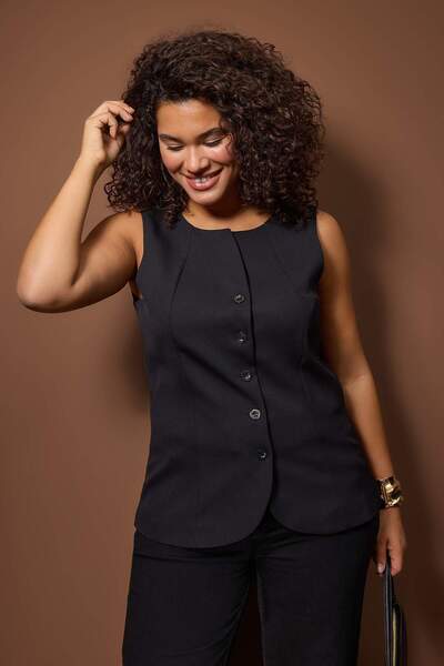 Trendyol Curve Black Fitted Sleeveless Boat Neck Woven Plus Size Vest Tbbss25Bh00027