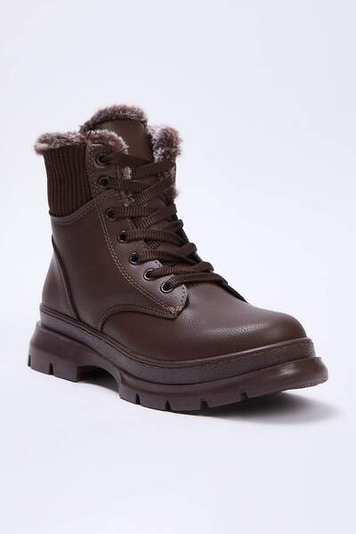 TRENDYOL SHOES Dark Brown Fur Detailed Lace up Women's Boots Takaw25Bo00027