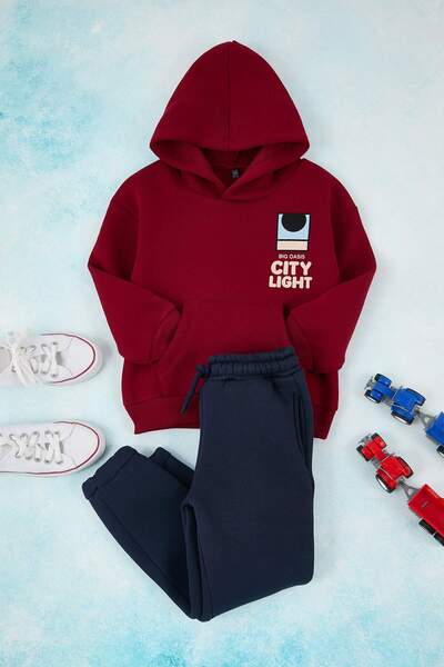 TRENDYOLKIDS Claret Red Cotton Hooded Thick/Inside Fleece O Oversized Boys' Knitted Bottom - Top Set Tkdaw26Au00035