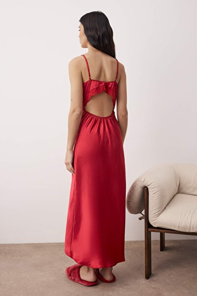 Trendyol Collection Burgundy Single 100% Polyester Plain Lace Satin Woven Nightgown Thmss24Gc00003