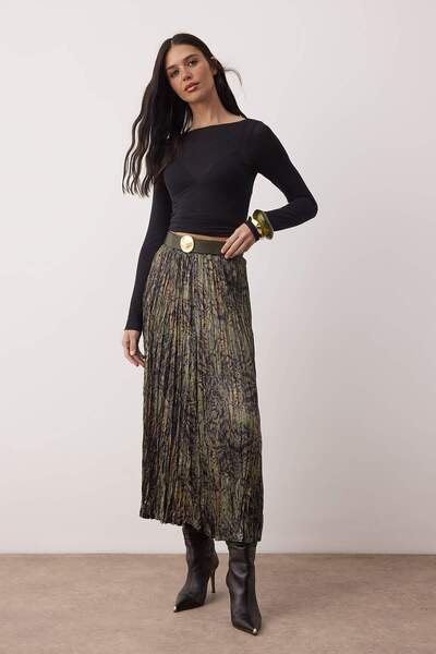 Trendyol Collection Multi-Colored Animal Pattern Belted Midi Woven Satin Pleated Skirt Twoaw26Et00167